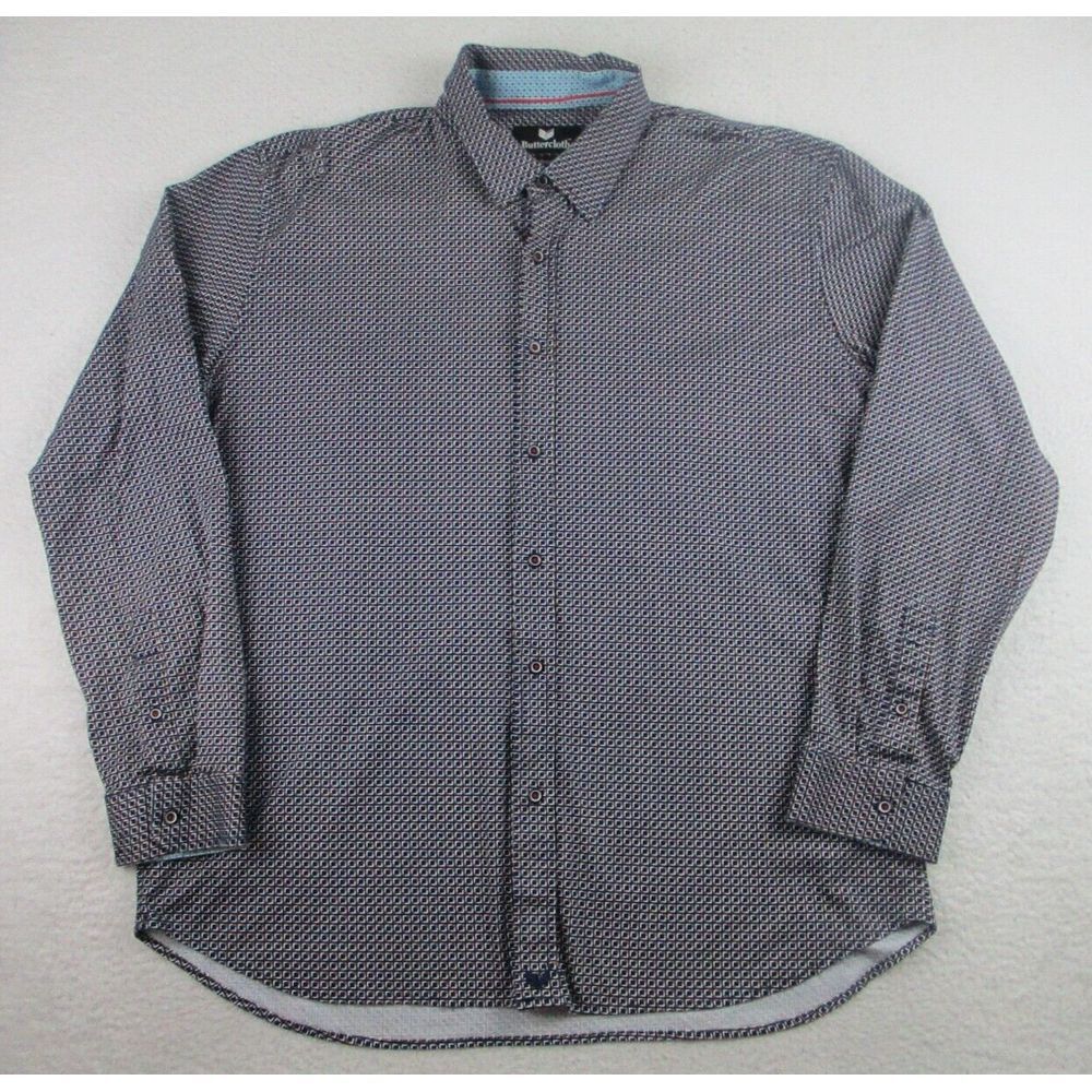 Buttercloth Shirt Mens 3X Blue Geometric Long Sleeve Knit Button Up‎ Embroidered